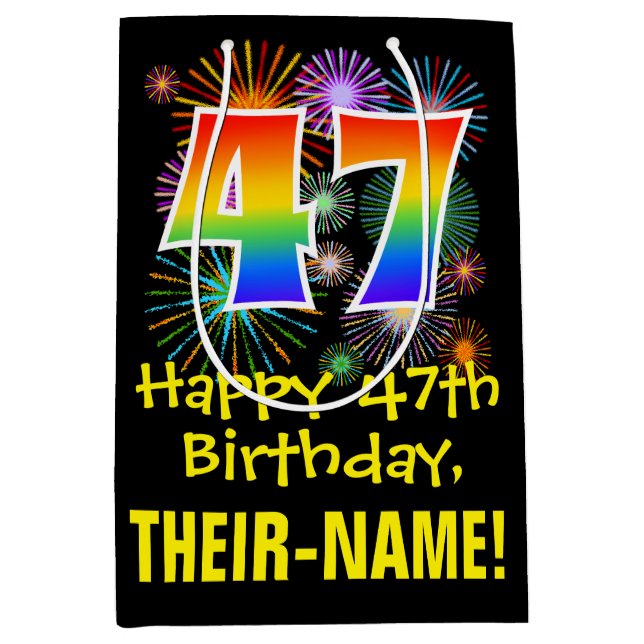 Sac Cadeau Moyen 47ème anniversaire : Fun Fireworks Motif + Rainbow (Devant)