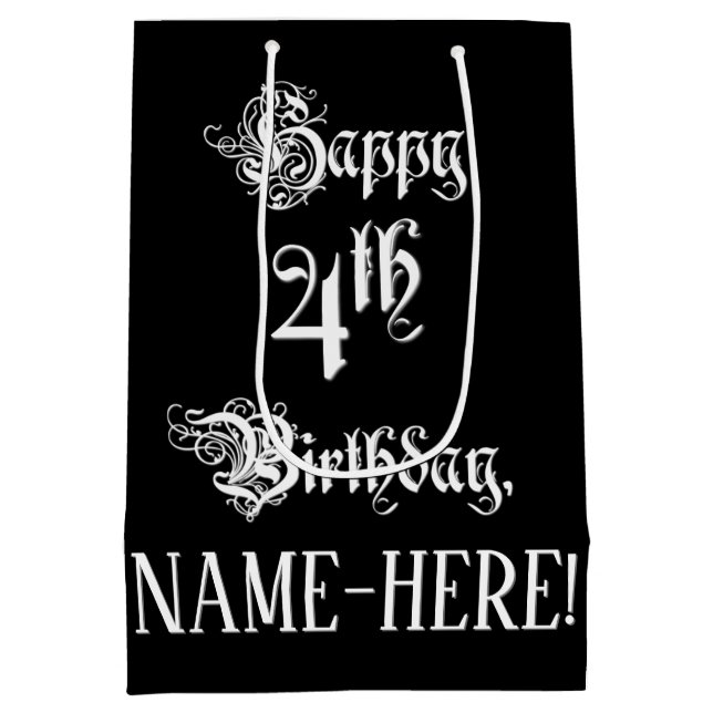 Sac Cadeau Moyen 4e anniversaire : Fancy, Elegant Script + Nom pers (Dos)