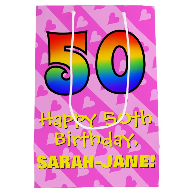 Sac Cadeau Moyen 50e anniversaire : Amusants Coeurs roses Stripes;  (Dos)