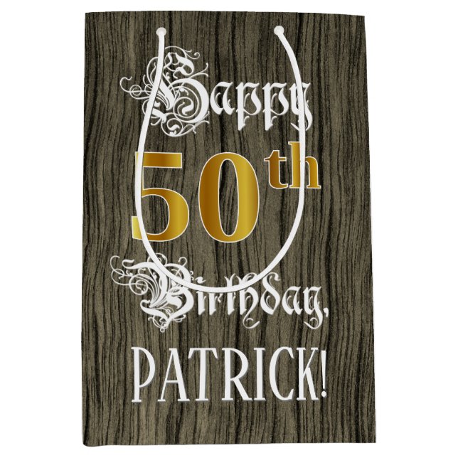 Sac Cadeau Moyen 50e anniversaire : Faux Gold Look & Faux Wood Moti (Devant)