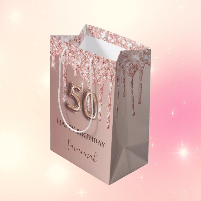 Sac Cadeau Moyen 50e anniversaire rose or parties scintillant rose  (Créateur téléchargé)