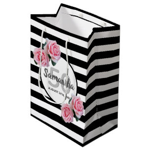 Sac Cadeau Moyen 50e anniversaire rose roses noir blanc rayures