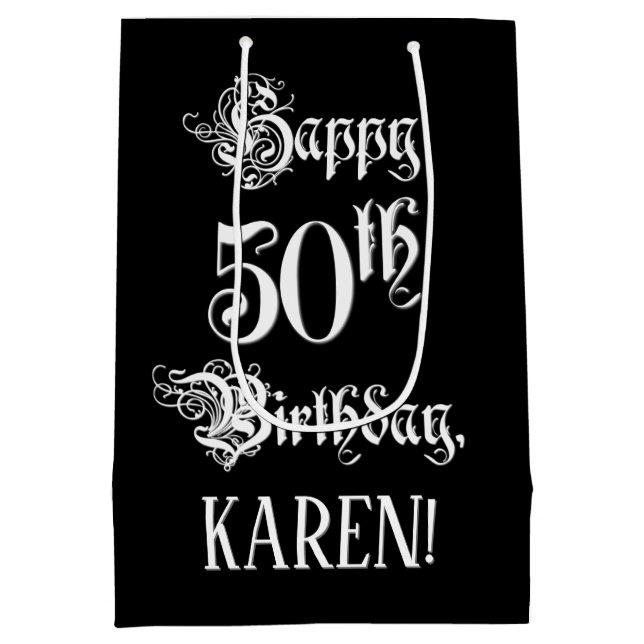 Sac Cadeau Moyen 50e anniversaire : Soigné, Élégant Script + Nom pe (Dos)