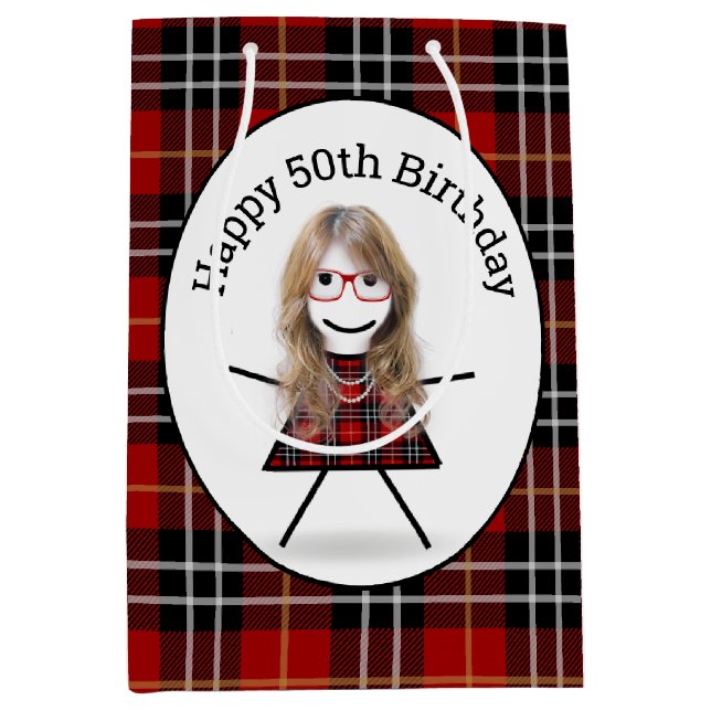 Sac Cadeau Moyen 50e Anniversaire Stick Girl sur Tartan Plaid (Devant)