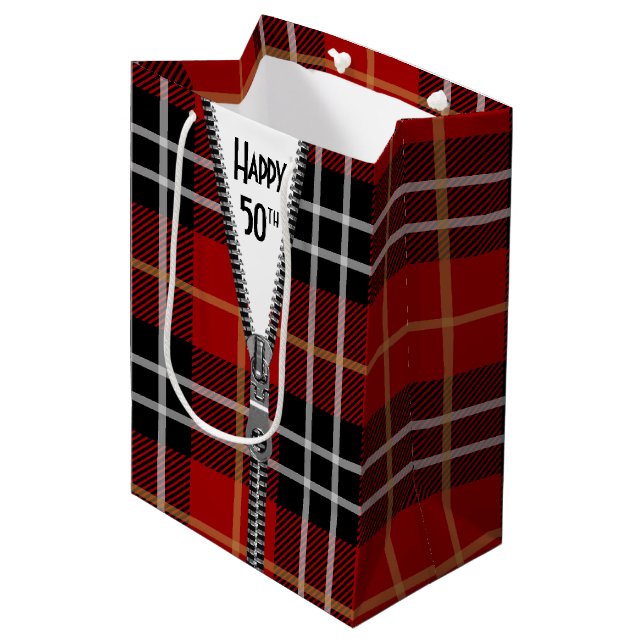 Sac Cadeau Moyen 50e anniversaire Zipper sur Tartan Plaid (Devant Angle)