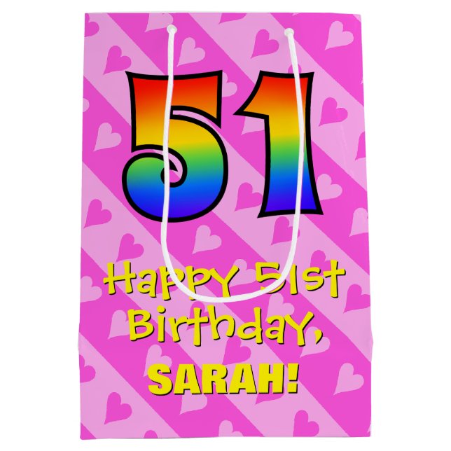 Sac Cadeau Moyen 51e anniversaire : Amusants Coeurs roses Stripes;  (Dos)