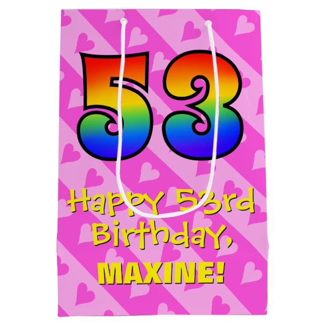 Sac Cadeau Moyen 53e anniversaire : Amusants Coeurs roses Stripes;  (Dos)