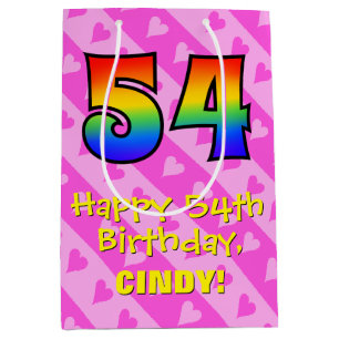 Sac Cadeau Moyen 54e anniversaire : Amusants Coeurs roses Stripes;