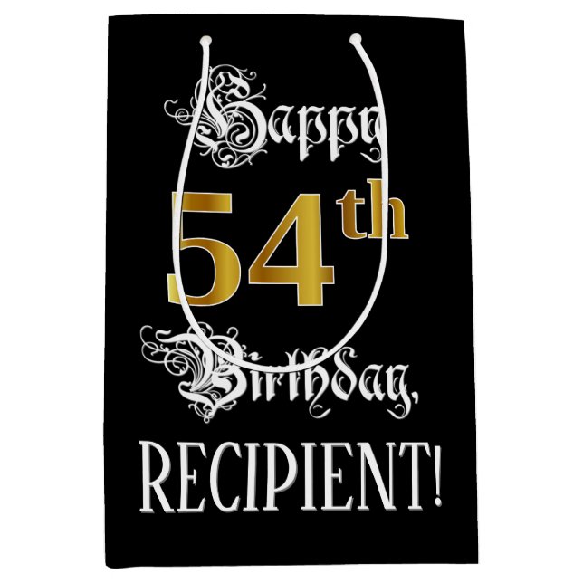 Sac Cadeau Moyen 54e anniversaire ~ Script fantaisie; Faux Gold Loo (Devant)