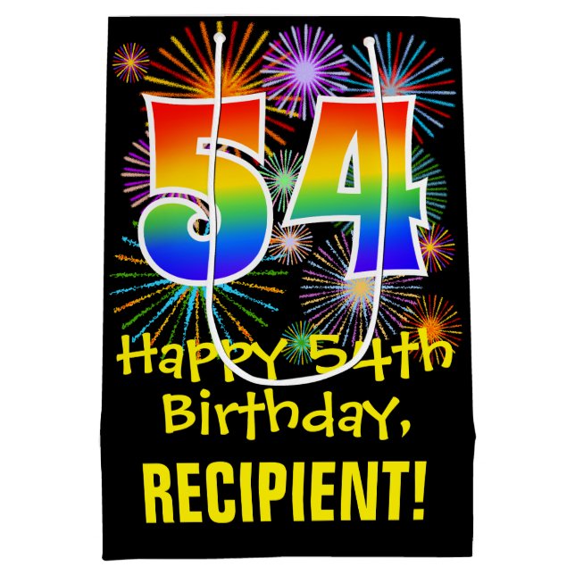 Sac Cadeau Moyen 54ème anniversaire : Fun Fireworks Motif + Rainbow (Dos)
