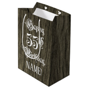 Sac Cadeau Moyen 55e anniversaire : fantaisie, Faux Wood Look + Nom