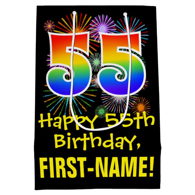 Sac Cadeau Moyen 55ème anniversaire : Fun Fireworks Motif + Rainbow (Dos)
