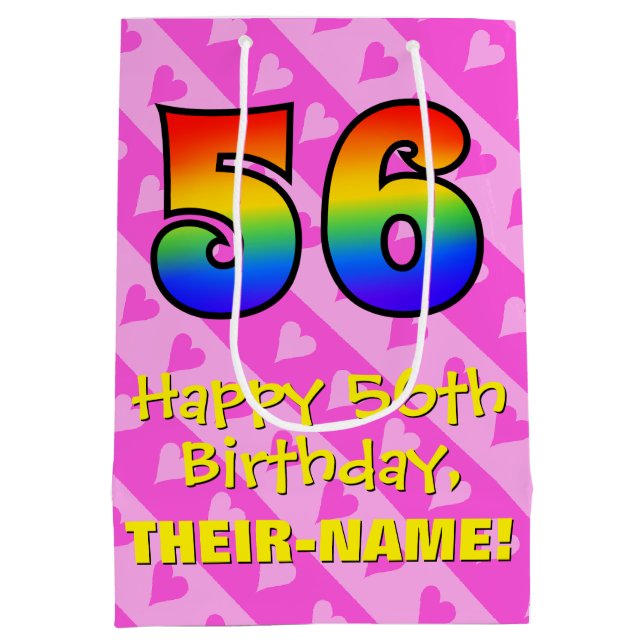 Sac Cadeau Moyen 56e anniversaire : Amusants Coeurs roses Stripes;  (Dos)