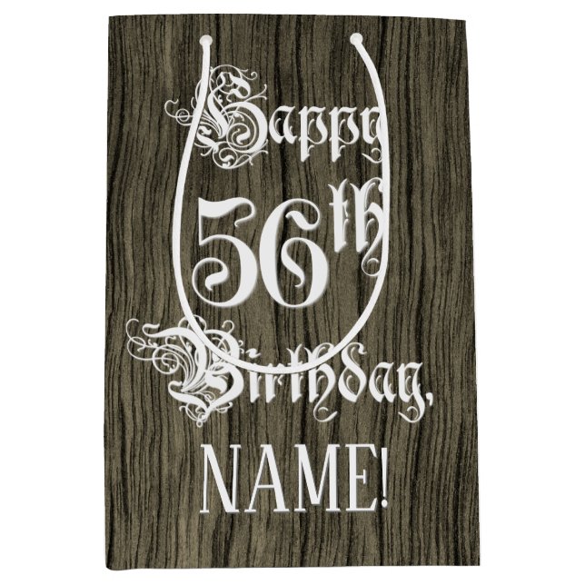 Sac Cadeau Moyen 56e anniversaire : fantaisie, Faux Wood Look + Nom (Devant)