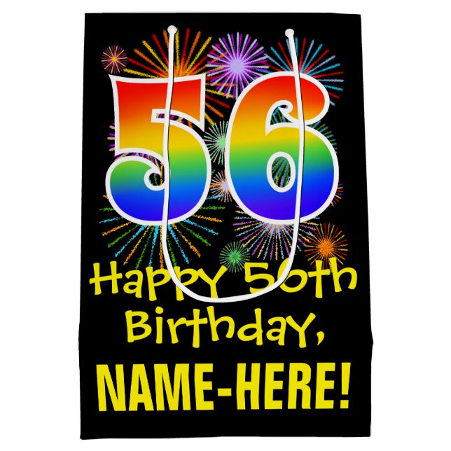 Sac Cadeau Moyen 56e anniversaire : Fun Fireworks Motif + Rainbow 5 (Dos)