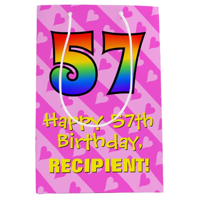 Sac Cadeau Moyen 57e anniversaire : Amusants Coeurs roses Stripes;  (Devant)