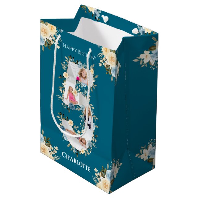Sac Cadeau Moyen 5e anniversaire Photo Collage Turquoise bleu jaune (Devant Angle)
