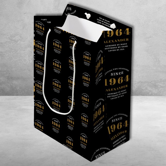 Sac Cadeau Moyen 60e anniversaire 1964 Black Gold Chic Elegant (60th Birthday Chic 1964 Themed Black & Gold Elegant Gift Bags)