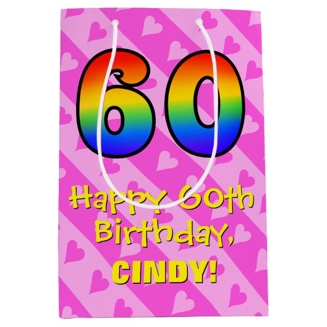 Sac Cadeau Moyen 60e anniversaire : Amusants Coeurs roses Stripes;  (Devant)
