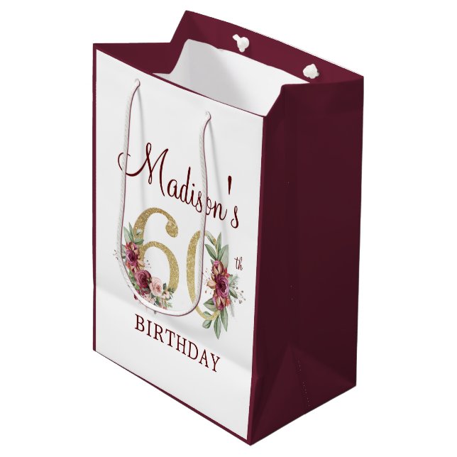 Sac Cadeau Moyen 60e anniversaire Bourgogne Gold Floral personnalis (Devant Angle)