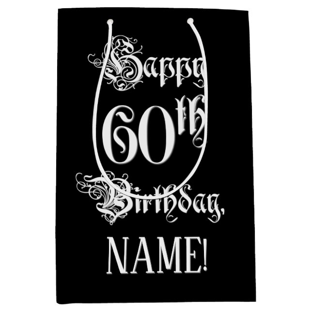 Sac Cadeau Moyen 60e anniversaire : Fancy, Elegant Script + Nom per (Devant)
