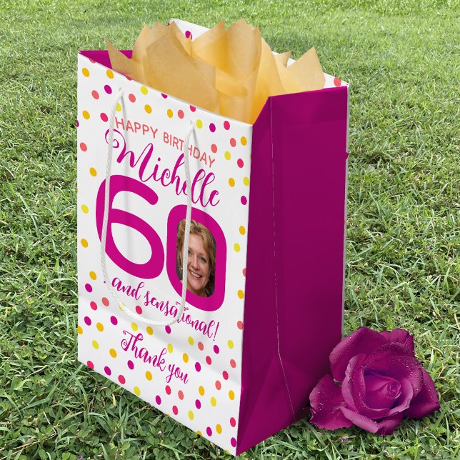 Sac Cadeau Moyen 60e anniversaire point rose jaune merci faveur (Créateur téléchargé)