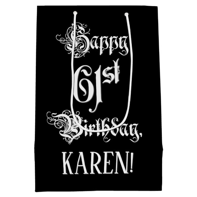 Sac Cadeau Moyen 61e anniversaire : Fancy, Elegant Script + Nom per (Dos)