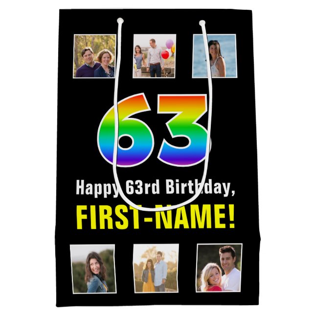 Sac Cadeau Moyen 63e anniversaire : Arc-en-ciel "63", photos person (Dos)