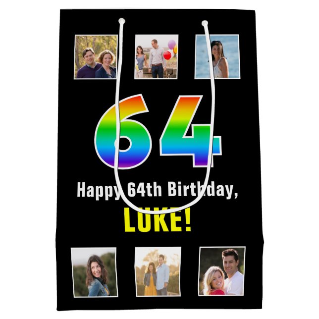 Sac Cadeau Moyen 64e anniversaire : Arc-en-ciel "64", photos person (Dos)