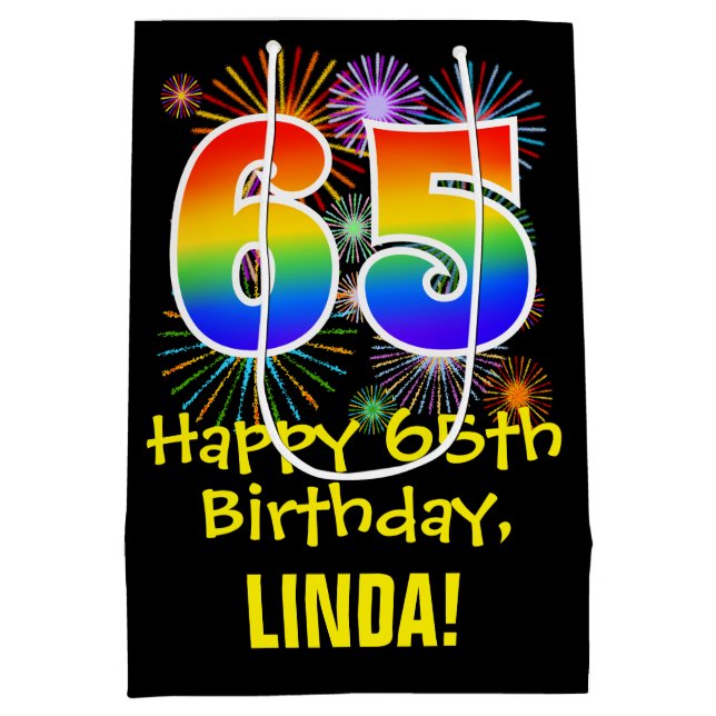 Sac Cadeau Moyen 65e anniversaire : Fun Fireworks Motif + Rainbow 6 (Dos)