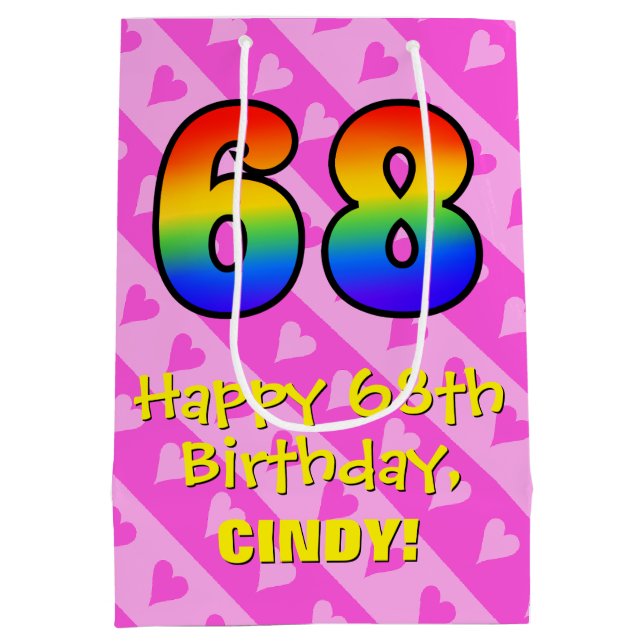 Sac Cadeau Moyen 68e anniversaire : Amusants Coeurs roses Stripes;  (Dos)