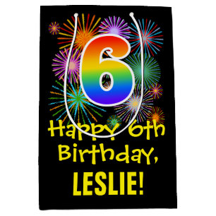 Sac Cadeau Moyen 6ème anniversaire : Fun Motif Fireworks + Rainbow