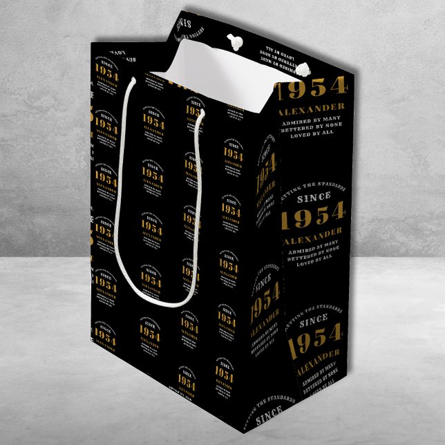 Sac Cadeau Moyen 70e anniversaire 1954 Black Gold Chic Elegant (70th Birthday Chic 1954 Themed Black & Gold Elegant Gift Bags.)