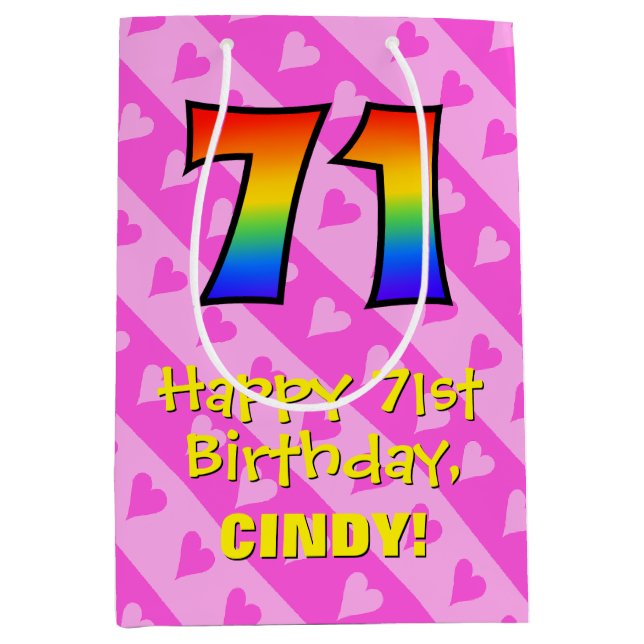 Sac Cadeau Moyen 71e anniversaire : Amusants Coeurs roses Stripes;  (Devant)
