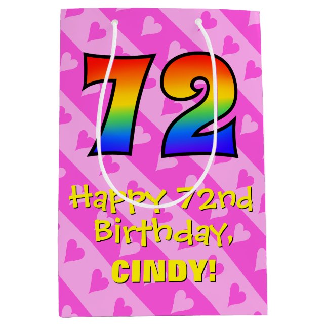 Sac Cadeau Moyen 72e anniversaire : Fun Pink Hearts Stripes; Rainbo (Devant)