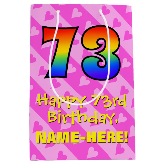 Sac Cadeau Moyen 73e anniversaire : Fun Pink Hearts Stripes; Rainbo (Devant)