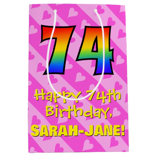 Sac Cadeau Moyen 74e anniversaire : Amusants Coeurs roses Stripes;  (Devant)