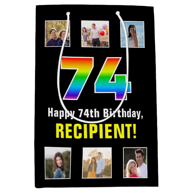Sac Cadeau Moyen 74e anniversaire : Arc-en-ciel "74", photos person (Devant)