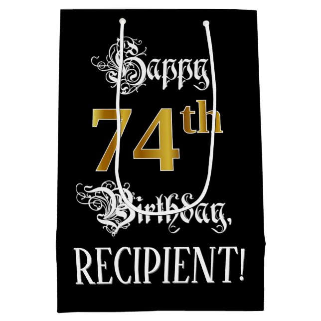 Sac Cadeau Moyen 74e anniversaire ~ Script fantaisie; Faux Gold Loo (Dos)