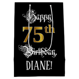 Sac Cadeau Moyen 75e anniversaire ~ Script fantaisie; Faux Gold Loo