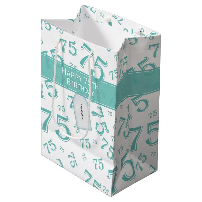 Sac Cadeau Moyen 75e Joyeux anniversaire Turquoise/Motif numérique  (Devant Angle)