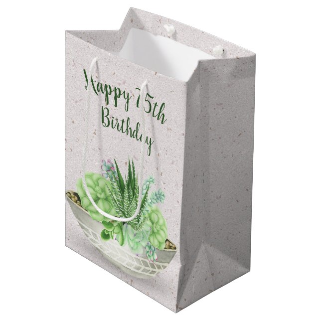 Sac Cadeau Moyen 75ème Anniversaire Succulent Sur Terrazzo (Devant Angle)