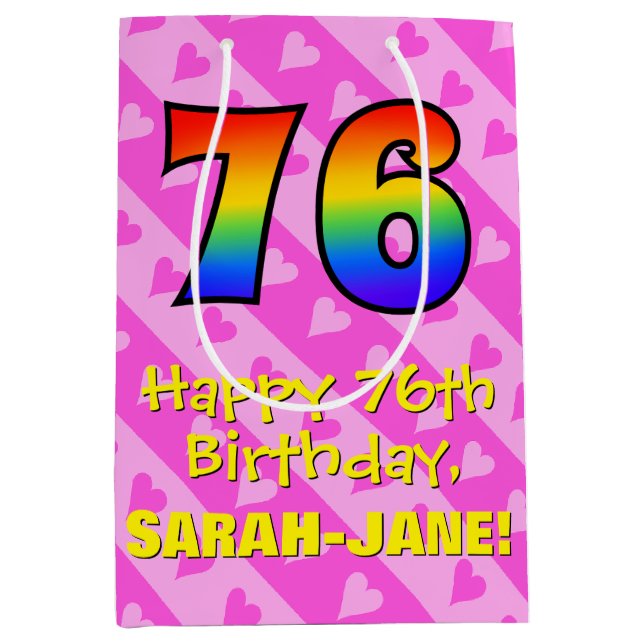 Sac Cadeau Moyen 76e anniversaire : Amusants Coeurs roses Stripes;  (Devant)