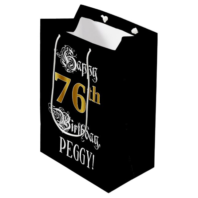 Sac Cadeau Moyen 76e anniversaire ~ Script fantaisie; Faux Gold Loo (Devant Angle)