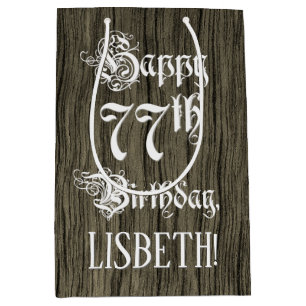 Sac Cadeau Moyen 77e anniversaire : fantaisie, Faux Wood Look + Nom