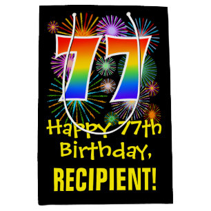Sac Cadeau Moyen 77ème anniversaire : Fun Fireworks Motif + Rainbow