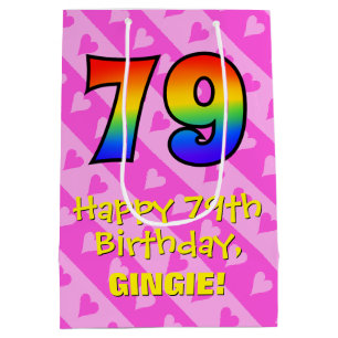 Sac Cadeau Moyen 79e anniversaire : Amusants Coeurs roses Stripes; 