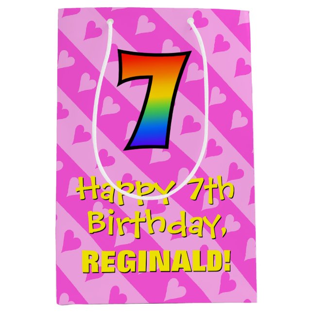 Sac Cadeau Moyen 7e anniversaire : Amusants Coeurs roses Stripes &  (Devant)