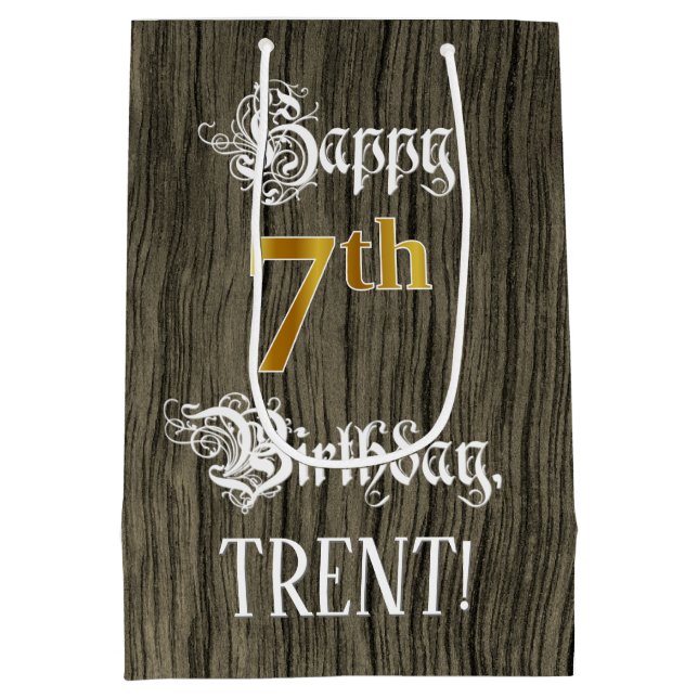 Sac Cadeau Moyen 7e anniversaire : Faux Gold Look & Faux Wood Motif (Dos)