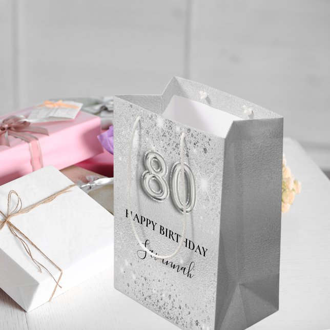 Sac Cadeau Moyen 80e anniversaire argent parties scintillant monogr (Créateur téléchargé)